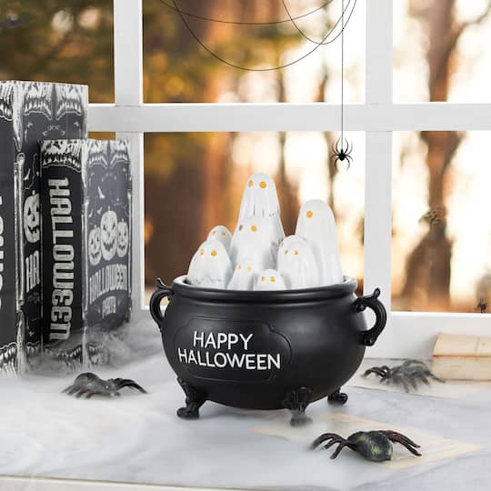 Glitzhome® 9" Halloween Lighted Polyresin Ghosts in Cauldron Table Decor with Timer